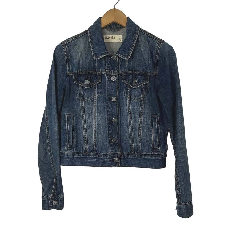 Pistola Jean Trucker Jacket‎ Small Denim Distressed Blue Grunge Hipster Cropped